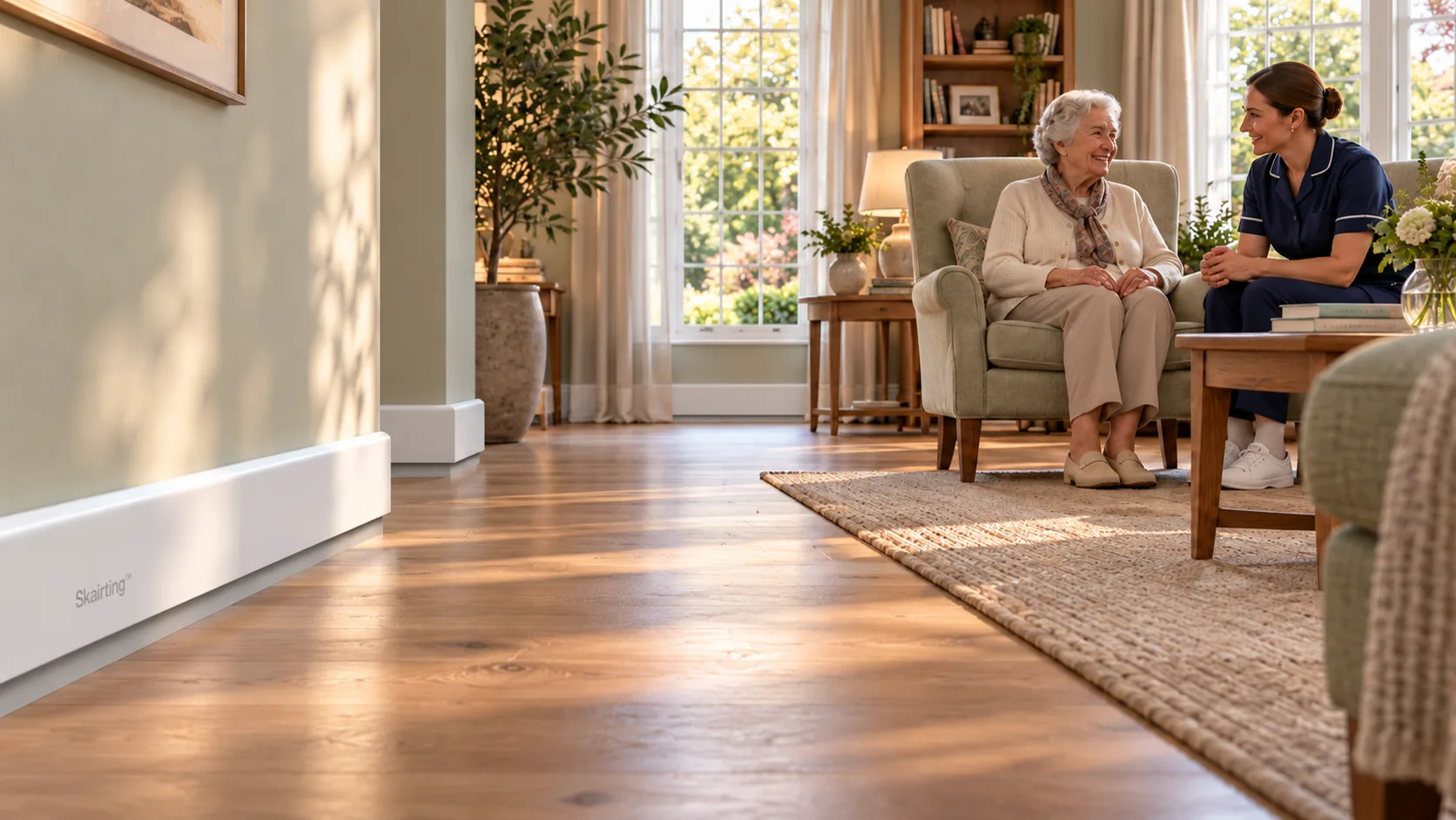 An older woman smiling in conversation with a carer in a bright sitting room, a white Skairting profile with open lower recess along the wall