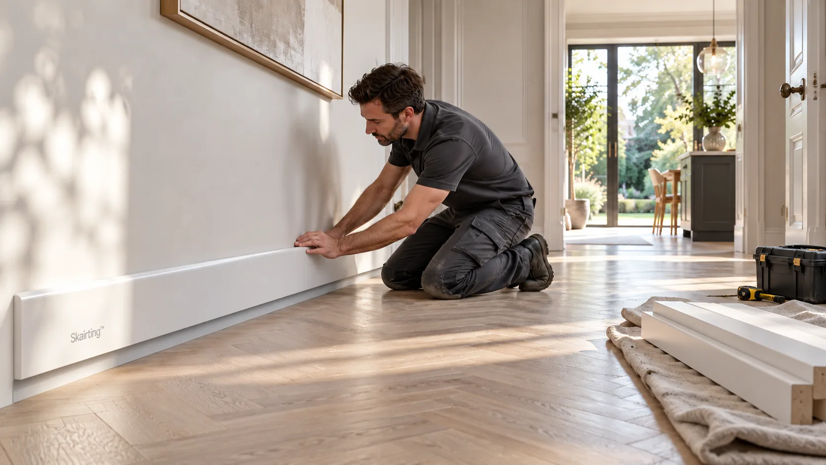 An installer fitting a white Skairting profile with an open lower recess along a hallway wall above a herringbone oak floor