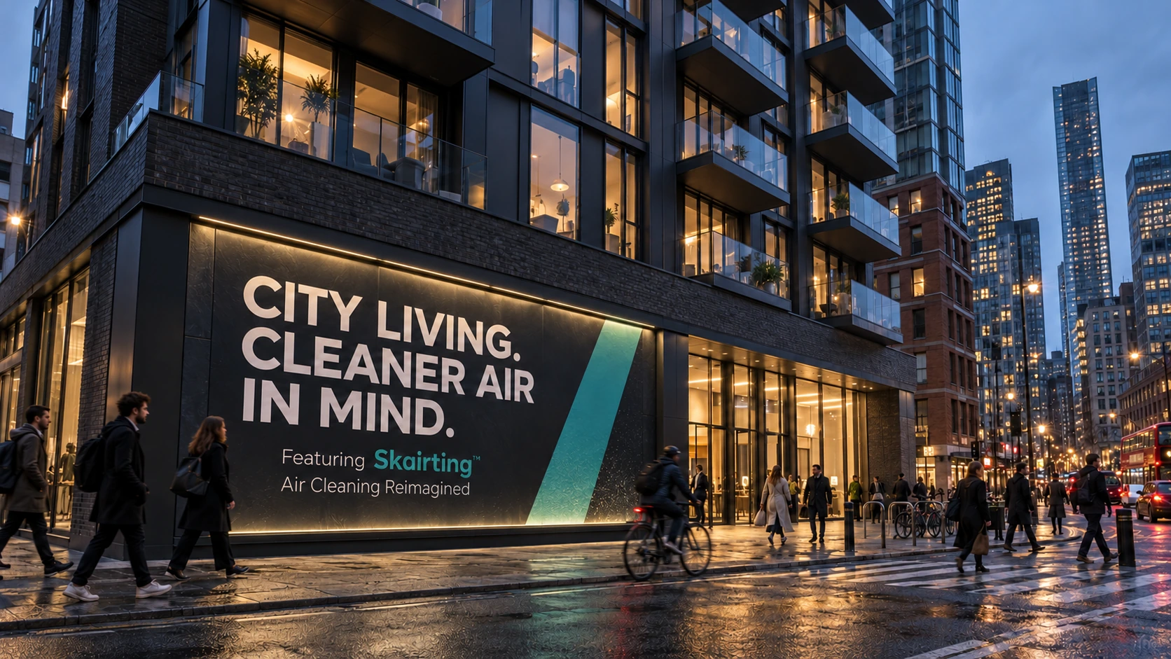Imagined developer advertising for city apartments: an illuminated building billboard reading City living. Cleaner air in mind. Featuring Skairting — Air Cleaning Reimagined