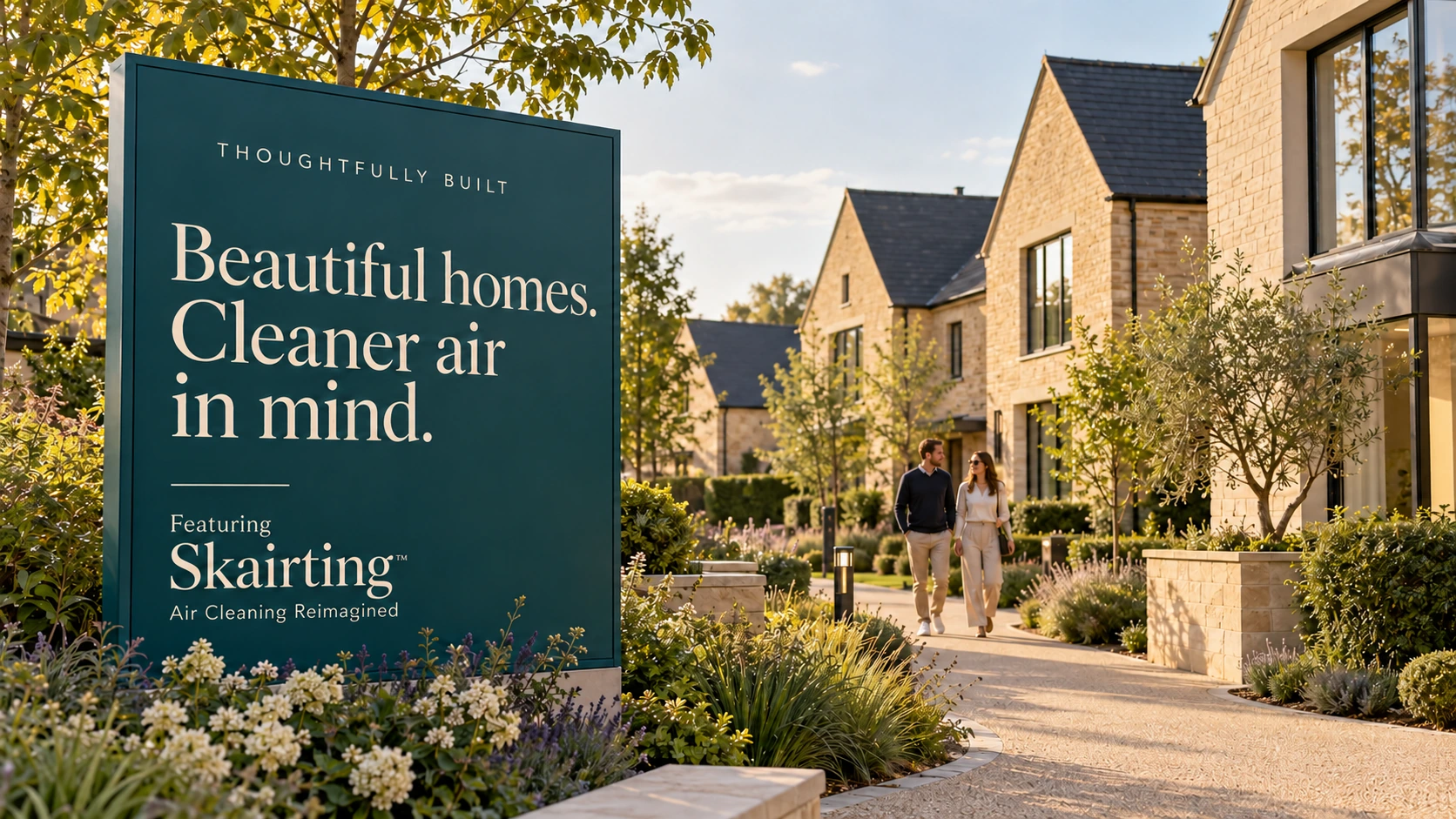 Imagined developer advertising for new homes: a landscaped garden sign reading Beautiful homes. Cleaner air in mind. Featuring Skairting — Air Cleaning Reimagined