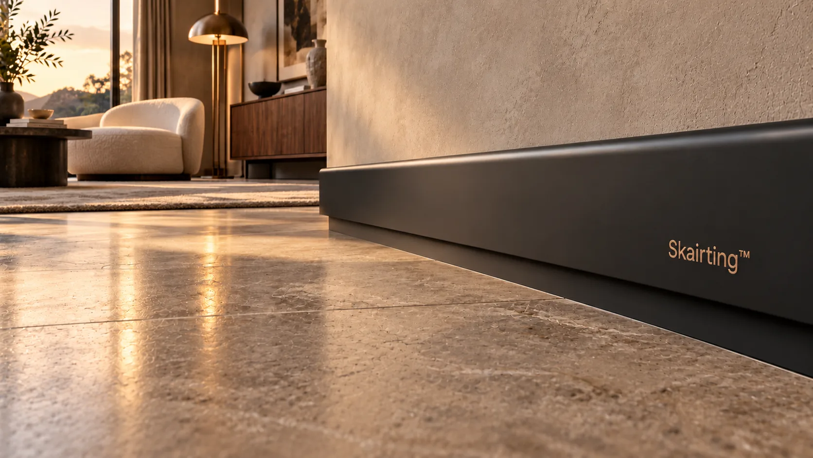Satin black Skairting profile with bronze wordmark and open lower recess along a stone floor in a warm, sunlit living room